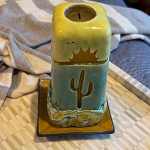 Desert Cactus Candle - Yellow & Green with mustard pottery tray